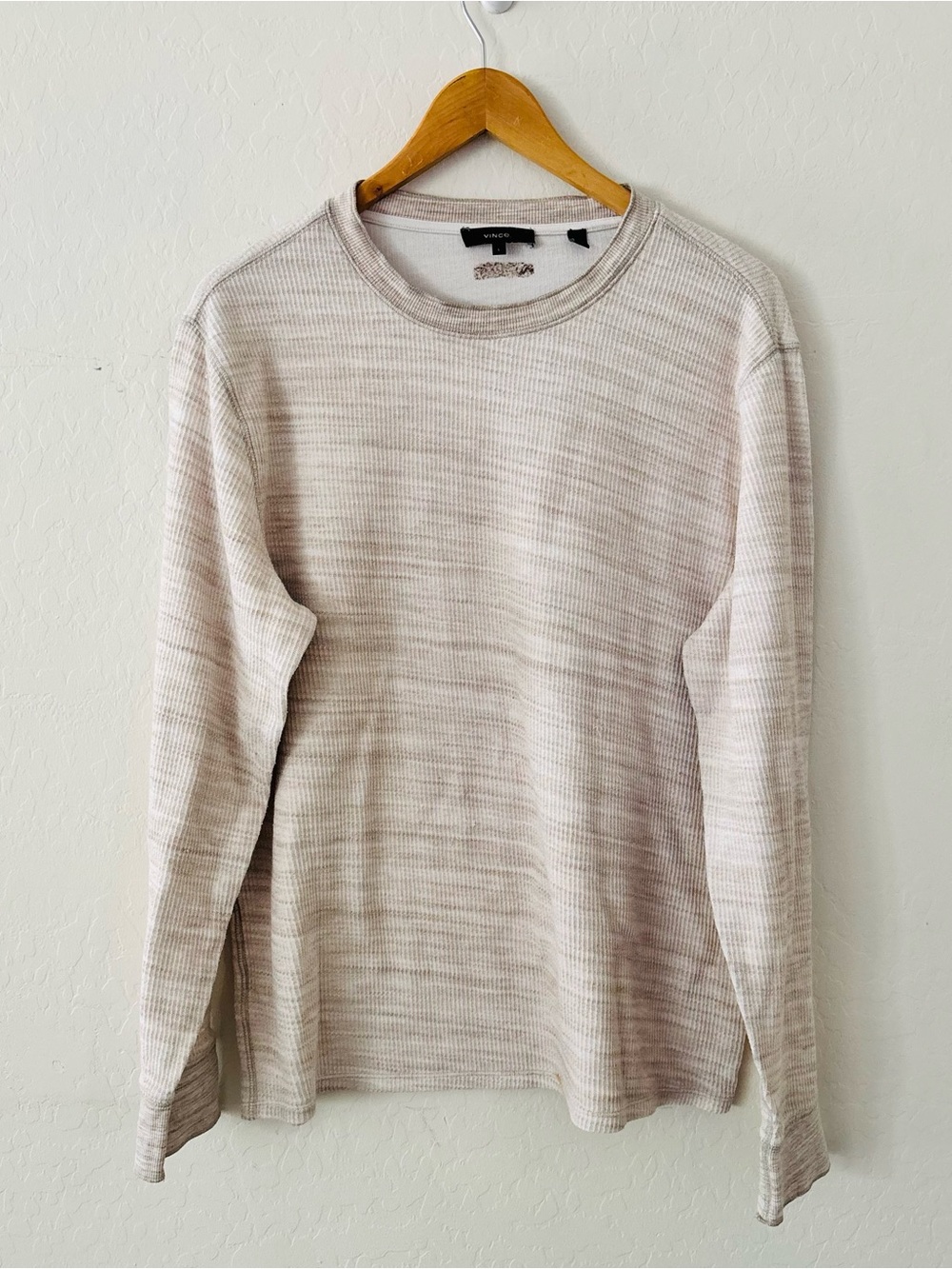 Vince Thermal Waffle Knit Long Sleeve Shirt Size Large Oatmeal Beige Cotton